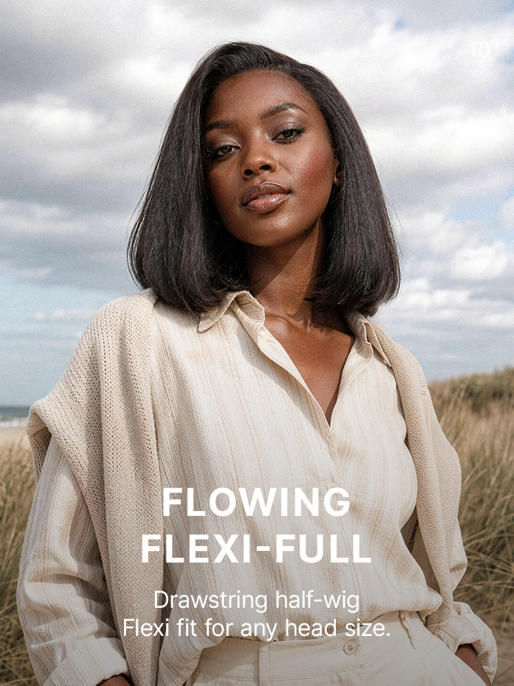 Luvme Hair 3-in-1 kinky straight bob wig with 180% density, glueless design, and flexible drawstring fit