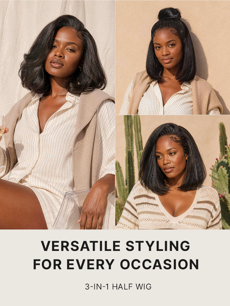 Luvme Hair 3-in-1 kinky straight bob wig with 180% density, glueless flexi-fit drawstring design, natural-looking hair extension