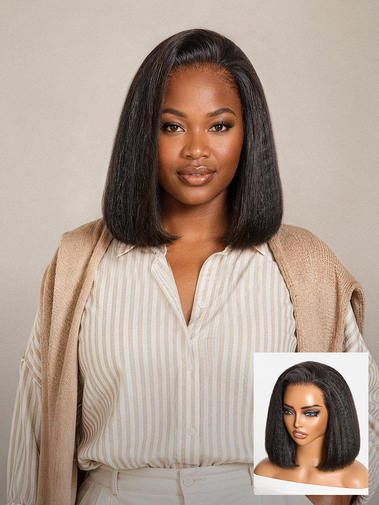 3-In-1 Half Wig 180% Density Kinky Straight Bob Glueless Flexi-Fit Drawstring Wig-17