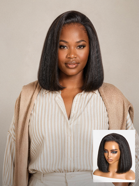 3-In-1 Half Wig 180% Density Kinky Straight Bob Glueless Flexi-Fit Drawstring Wig