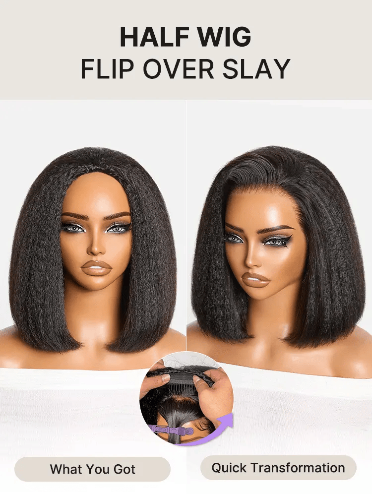 Kinky straight 3-in-1 half wig by Luvme Hair with 180% density, glueless design, flexible fit, and drawstring for easy wear.
