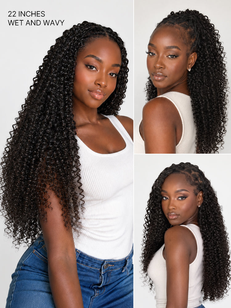 Luvme Hair crochet extension featuring wet and wavy Burmese curly, kinky straight, and feather crochet styles for boho braids.
