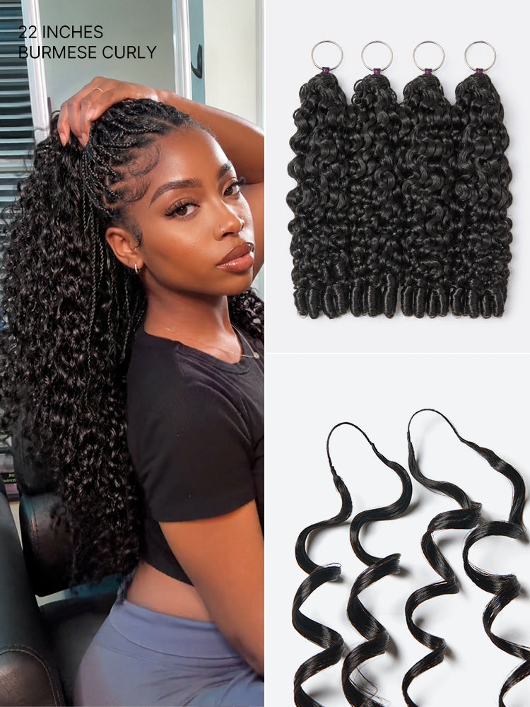 Luvme Hair crochet extension for Miracle Knots boho braids, wet and wavy Burmese curly, kinky straight human hair style.