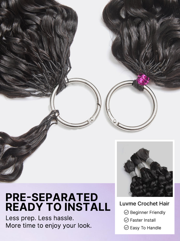 Luvme Hair crochet extension for Miracle Knots boho braids, featuring wet and wavy Burmese curly and kinky straight human hair.