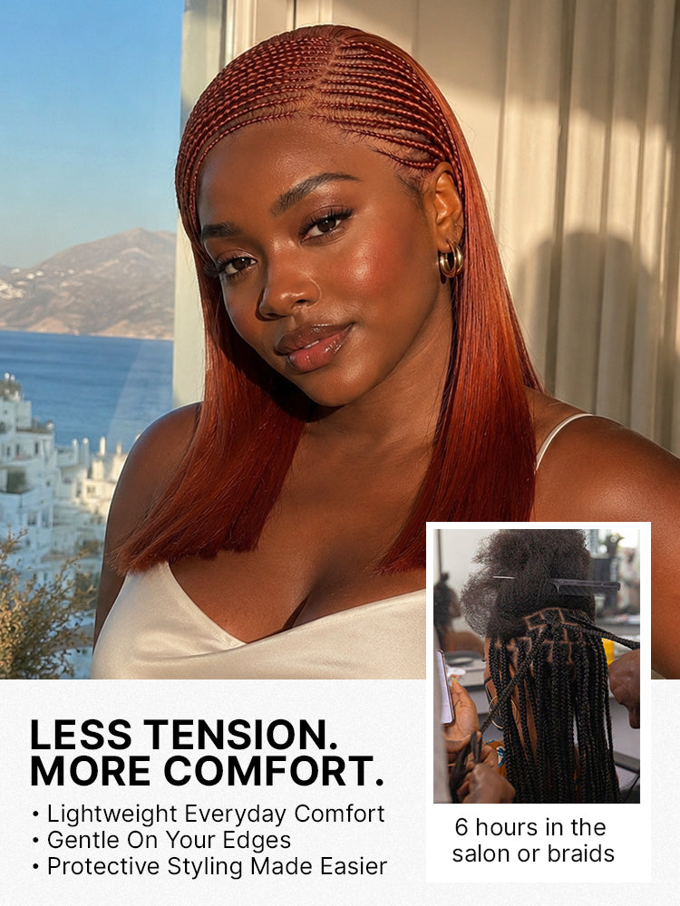 Trendy Copper Red Fulani Braids Straight 13x4 Frontal Lace Bob Wig Pre-cut Lace Drawstring Cap-04