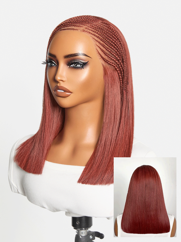 Trendy Copper Red Fulani Braids Straight 13x4 Frontal Lace Bob Wig Pre-cut Lace Drawstring Cap-01