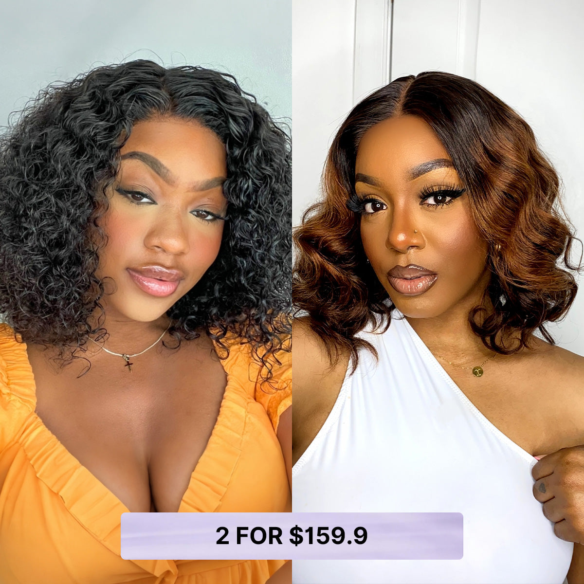 Luvme 10-inch brown ombre loose wave HD lace wig and 12-inch wet and wavy water wave 4x4 closure lace wig displayed on a mannequin head.
