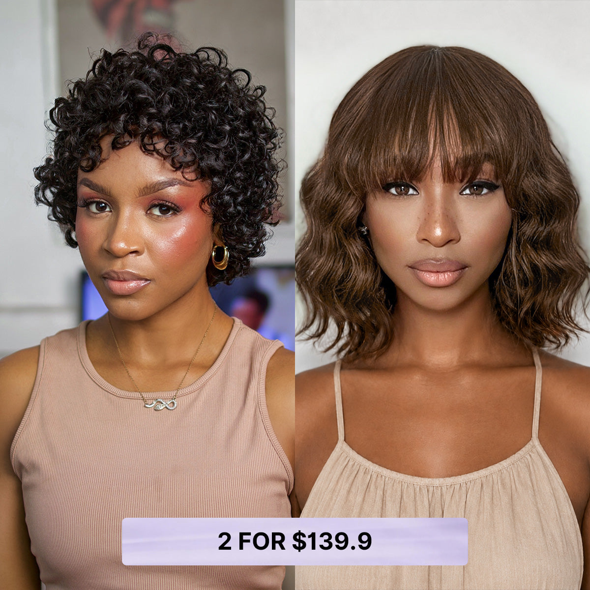 Luvme 10-inch brown loose wave and 6-inch natural black big curly glueless lace wigs displayed on a mannequin head.