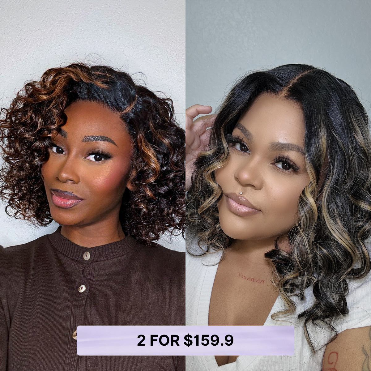 Blonde highlight loose wave HD lace wig and copper highlight bouncy curl minimalist lace wig by Luvme, shown on a model.