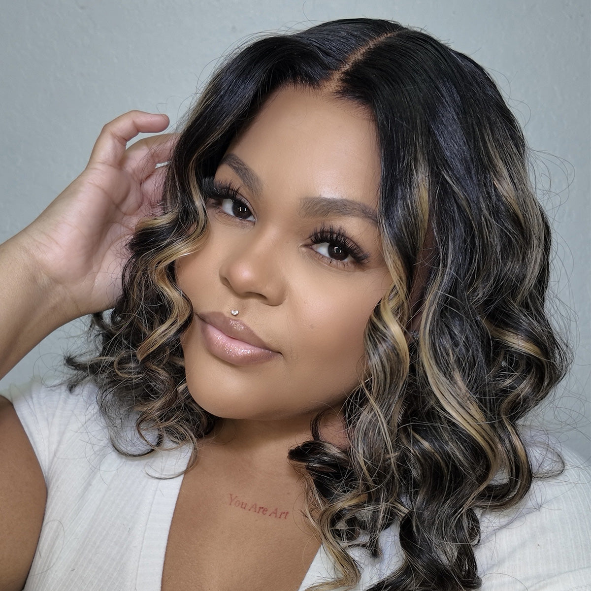 Luvme blonde and copper highlight lace wigs with loose waves and bouncy curls, featuring 14-inch and 10-inch lengths.