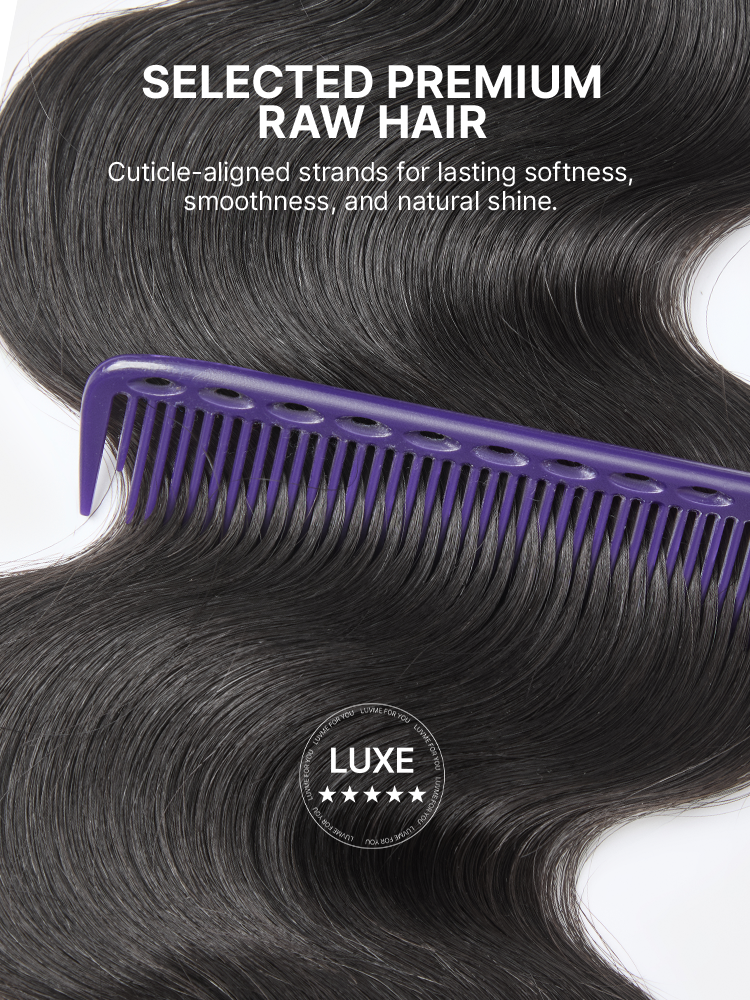 Luvme Hair RawMagic Luxe Bundle featuring a long, natural soft body wave virgin human hair extension, unprocessed and shiny.
