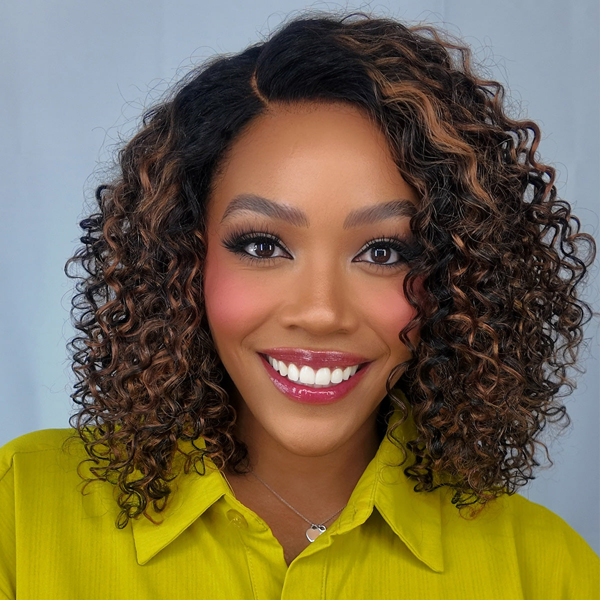 Luvme 12-inch deep wave and blunt cut bob HD lace glueless wigs, natural hair texture, minimalist style, close-up on lace and hair.