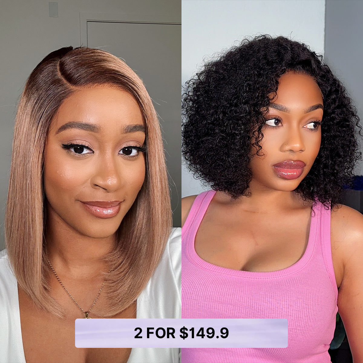 Ash blonde ombre blunt cut bob and short curly lace wigs from Luvme, showcasing sleek, natural hair textures and HD lace detailing.