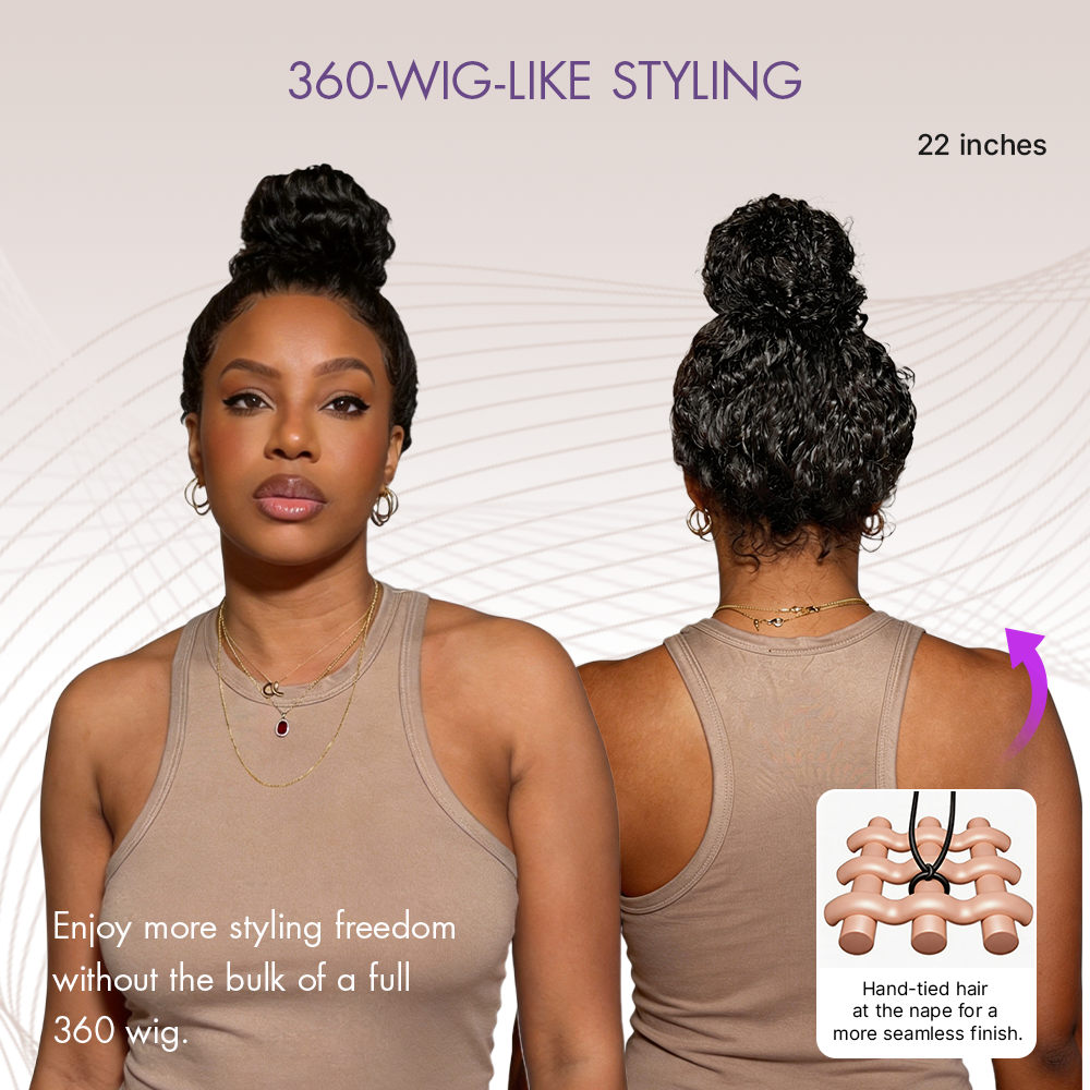 Luvme Hair PreMax water wave curly lace frontal wig with pre-cut lace, 13x4 flexi-fit drawstring, and fluffy textured curls.