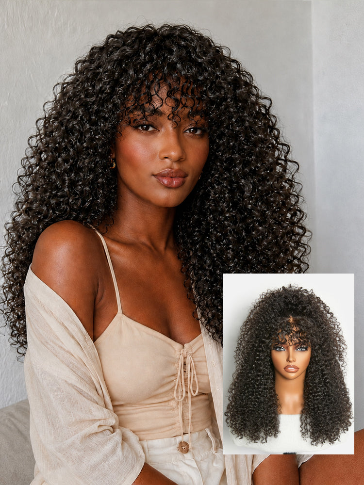 Beginner Friendly 200% Density Kinky Curly with Bangs Glueless 5x5 Closure Pre-Cut Lace Wig All Head Sizes Fit Cap-09