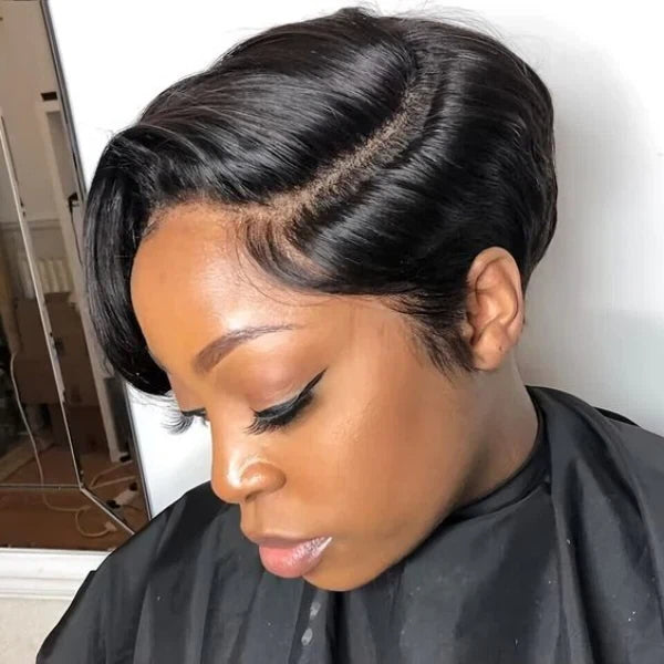 Luvme short pixie cut lace wig with pre-styled, glueless HD lace, showcasing its sleek, modern hairstyle and natural hairline.