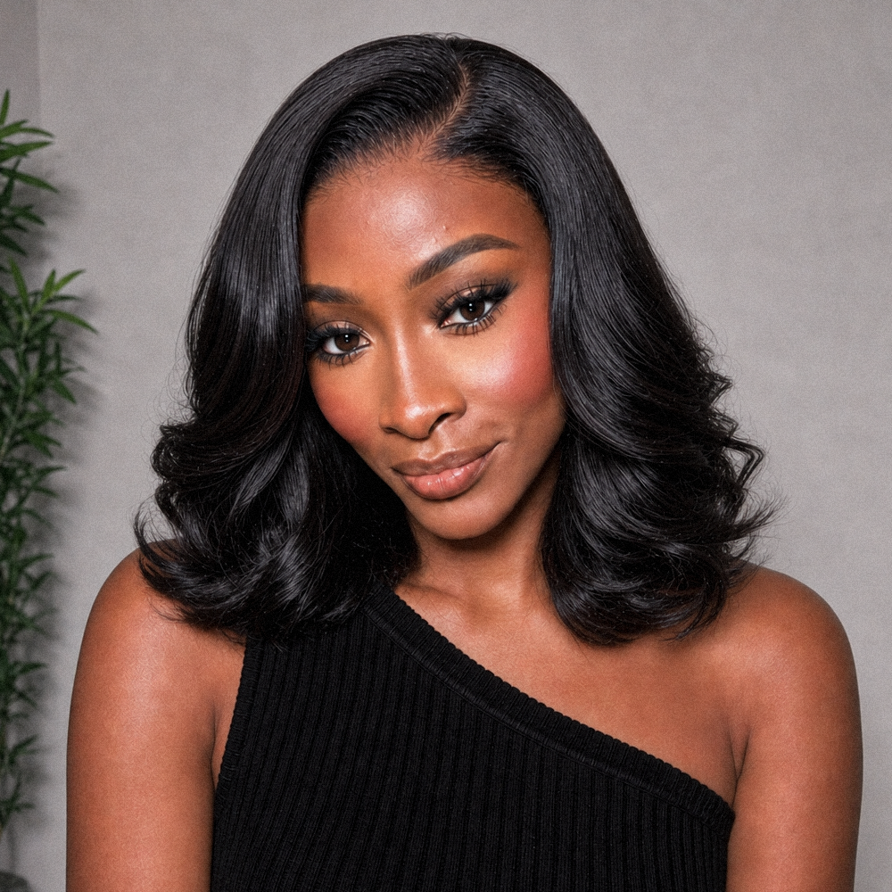 Luvme All-Day Comfort 250% Density glueless HD lace loose body wave short wig with pre-cut lace, 7x6 closure, and natural hair texture.