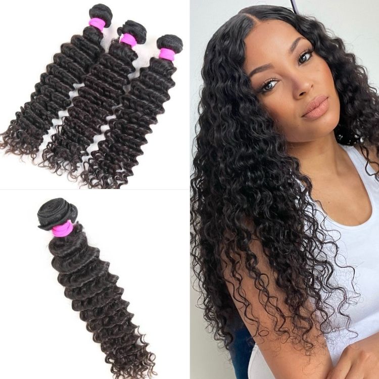 Luvme Hair 100% Remy human hair bundles in messy Burmese curly, silky straight, body wave, and deep wave textures.