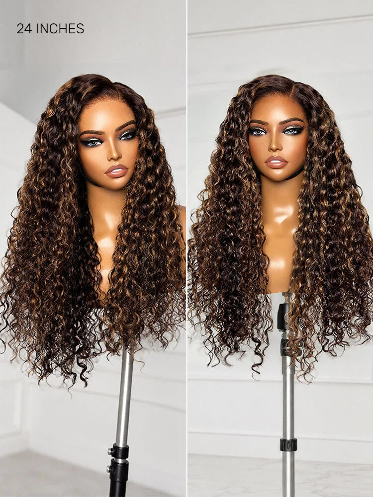 Luvme All-Day Comfort™ Funmi Curly 7x6 closure lace wig with brown highlights, HD lace, glueless, pre-cut lace, and natural parting.