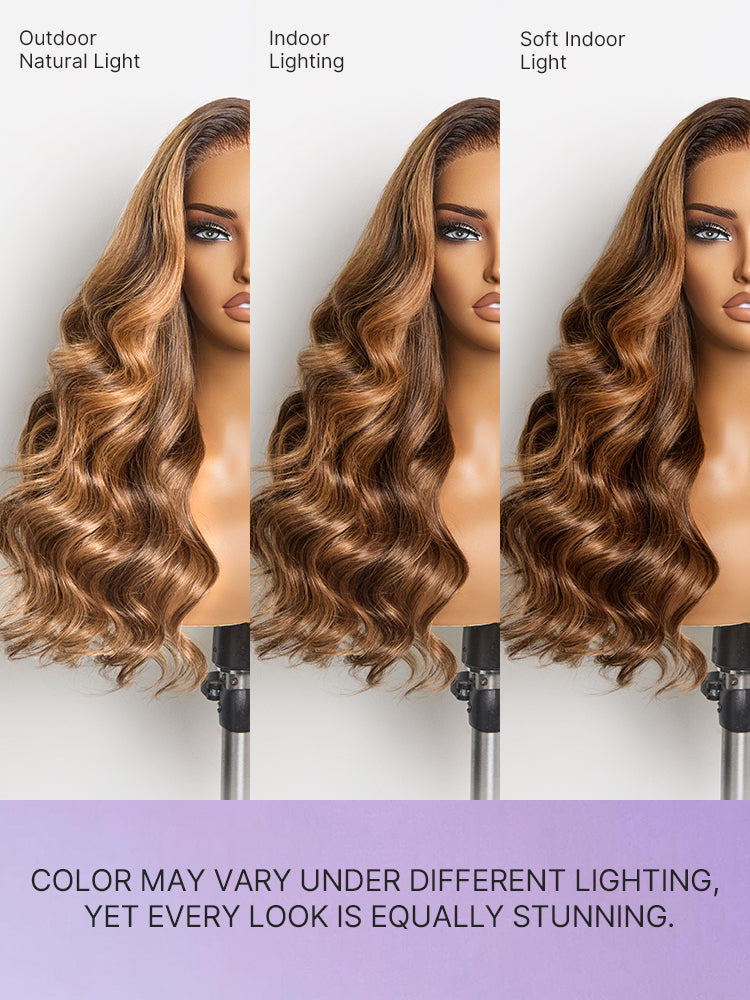 Luvme Hair loose wave lace closure wig with warm brown and blonde highlights, 180% density, pre-cut 5x5 lace, glueless fit