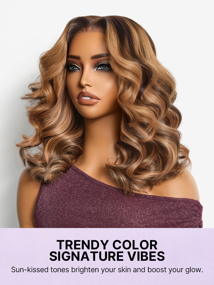 Luvme Hair loose wave lace wig with warm brown tones, blonde highlights, 180% density, pre-cut 5x5 lace closure, glueless style