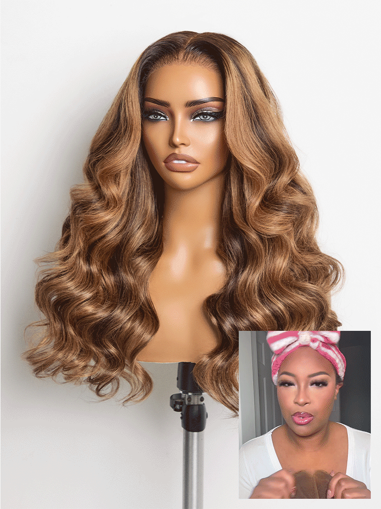 Sun-Kissed Warm Tone Brown with Blonde Highlights 180% Density Loose Wave Glueless 5x5 Closure Lace Wig Pre-Cut Lace-15