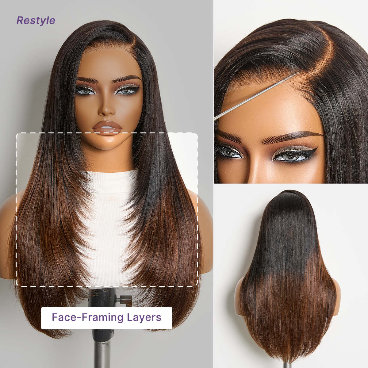 Luvme All-Day Comfort™ Wig 180% Density Ombre Brown Butterfly Cut Layered Light Yaki Straight Glueless 7x6 Closure HD Lace Human Hair Wig Pre-Cut Lace-74