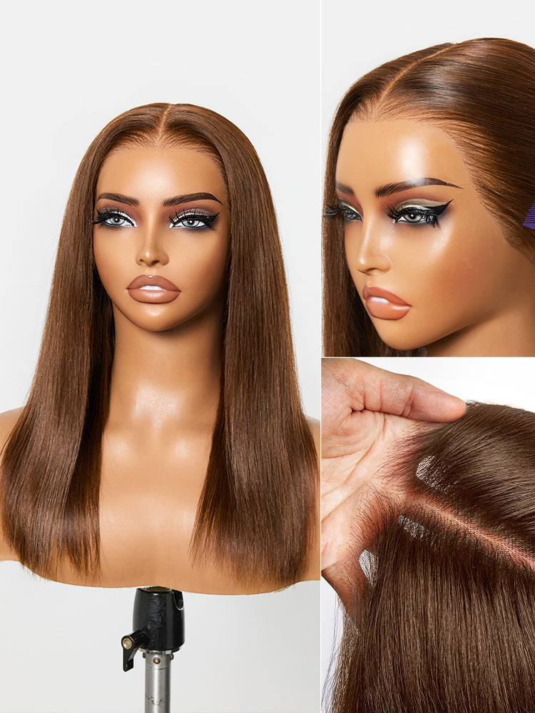 Rich chocolate brown silky straight lace frontal wig with 13x4 pre-cut lace and 180% density by Luvme Hair.