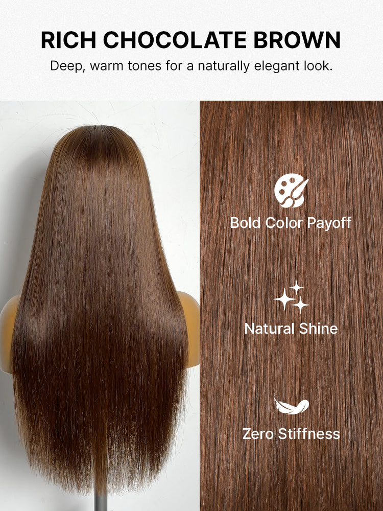 Rich chocolate brown Luvme Hair silky straight 13x4 lace frontal wig with pre-cut lace and 180% density, glueless style.