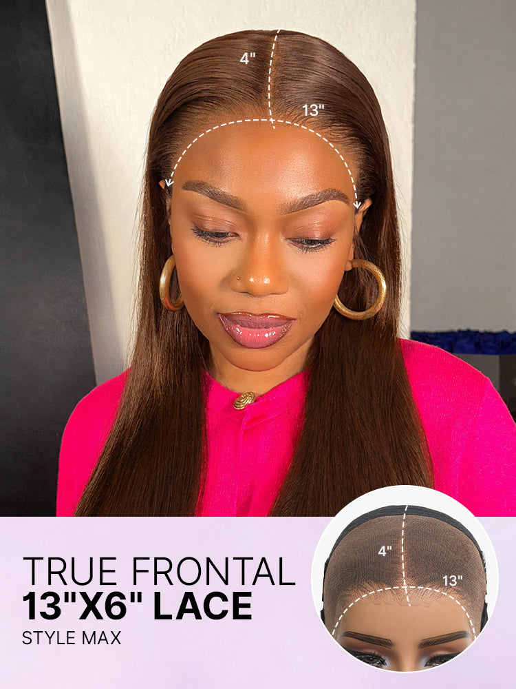 Rich chocolate brown silky straight lace frontal wig by Luvme Hair with 13x4 pre-cut lace and drawstring cap, 180% density.