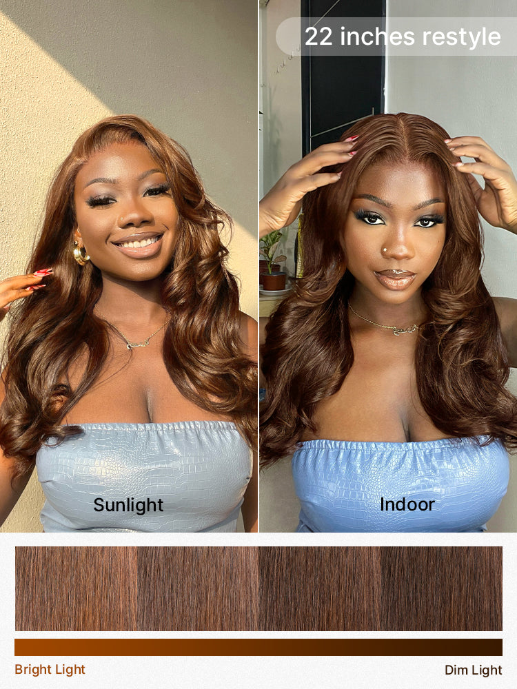 Luvme Hair rich chocolate brown silky straight 13x4 lace frontal wig with 180% density and pre-cut lace, glueless design.