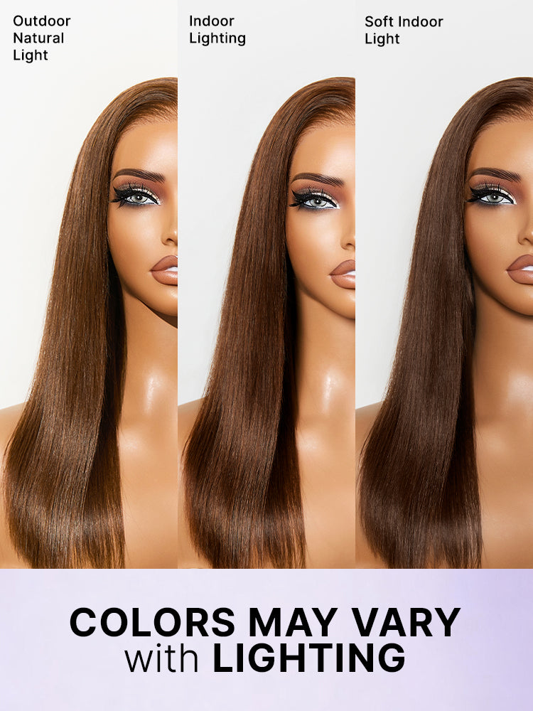 Rich chocolate brown silky straight lace frontal wig with 13x4 pre-cut lace from Luvme Hair, 180% density, glueless, natural-looking style.