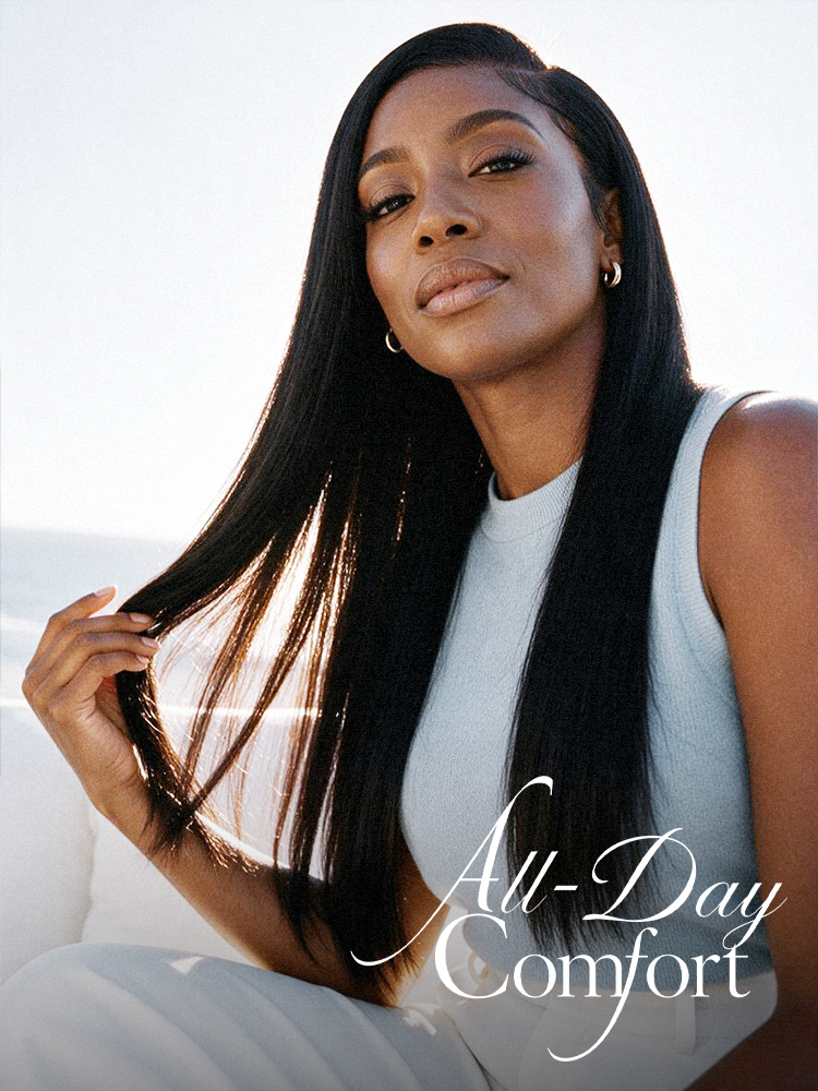 Luvme All-Day Comfort™ bone straight HD lace wig with 180% density, 7x6 closure, pre-cut lace, and baby hair parting.