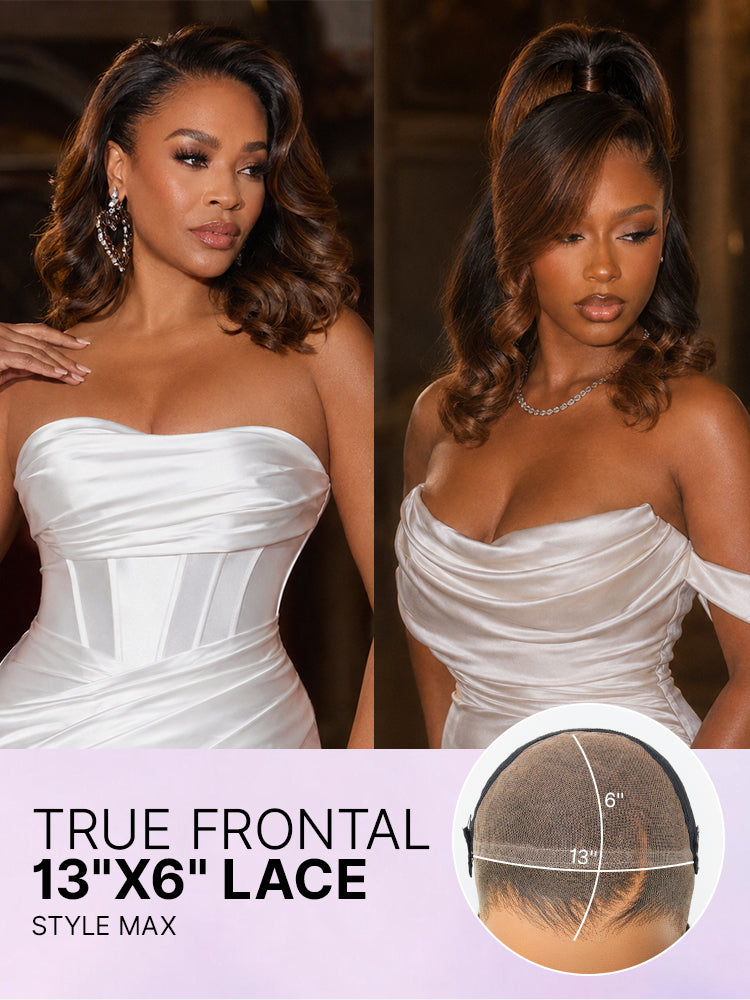 Luvme Hair NatureMAX™ 200% Density Ombre Brown/Natural Black HD Lace Front Wig with loose wave, pre-cut lace, and drawstring cap