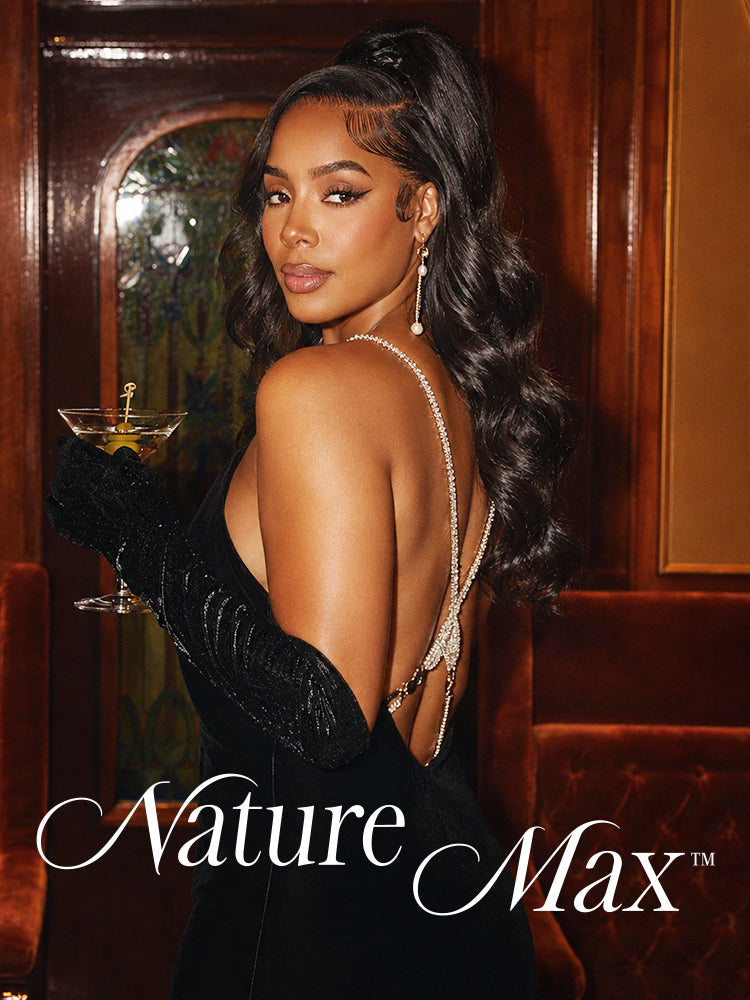Luvme Hair NatureMAX 200% density loose wave glueless HD lace front wig with pre-cut lace and flexible drawstring cap on a mannequin head.