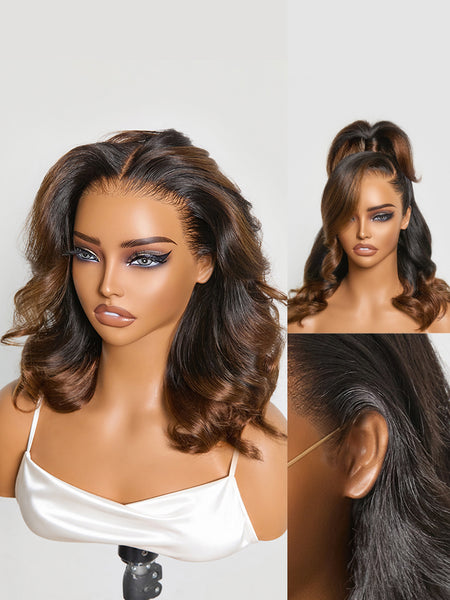 NatureMAX 200% Density Ombre Brown / Natural Black Loose Wave Glueless 13x6 HD Lace Front Shoulder Length Wig Pre-Cut Lace Flexi-Fit Drawstring Cap