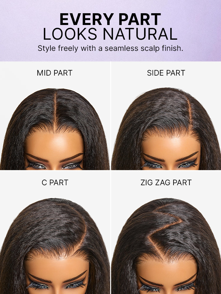 Luvme Hair kinky straight butterfly cut layered 7x6 HD lace wig with pre-cut lace and glueless design, showing the hair’s density and texture.