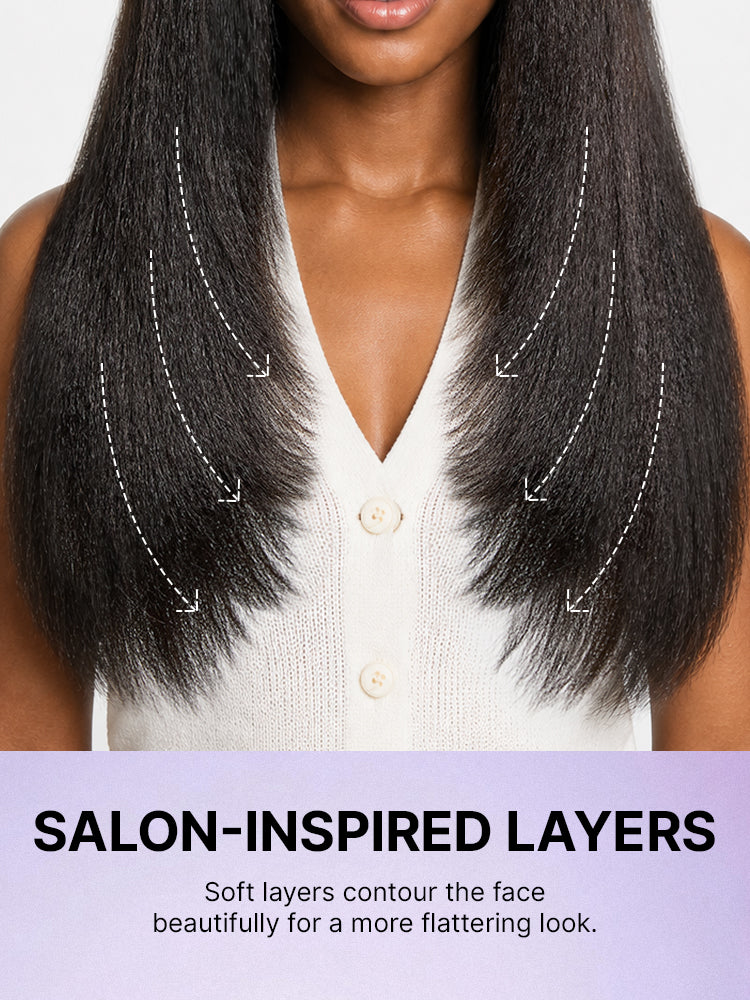 Luvme Hair 7x6 HD lace wig with light kinky straight butterfly cut layers, glueless design, pre-cut lace, and natural body wave texture.