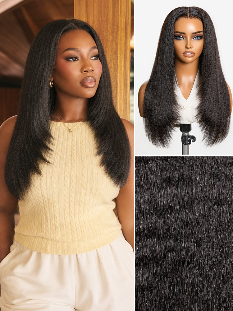 Luvme Hair 7x6 HD lace wig with 180% density light kinky straight butterfly cut layered body wave closure, glueless style.