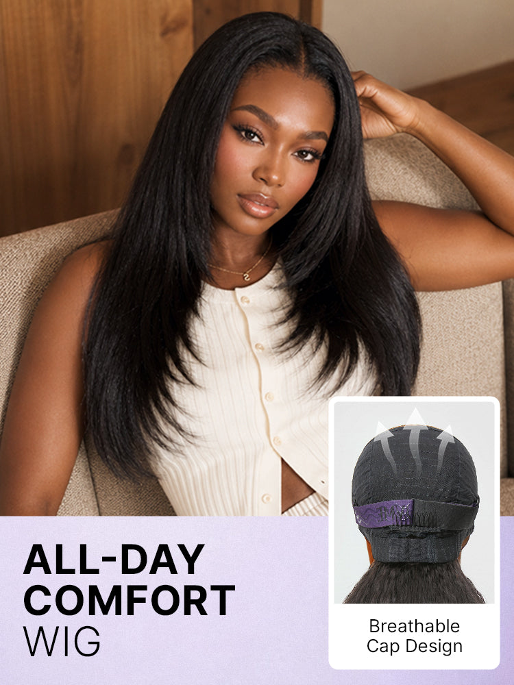 Luvme Hair 180% density kinky straight layered HD lace wig with 7x6 closure, butterfly cut, glueless design, pre-cut lace.