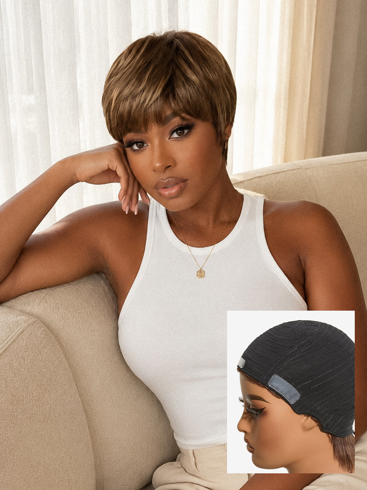Throw On & Go Light Blonde Short Cut with Bangs Wig Ultra Comfort Skin-Like Soft Care Glueless Wig-01