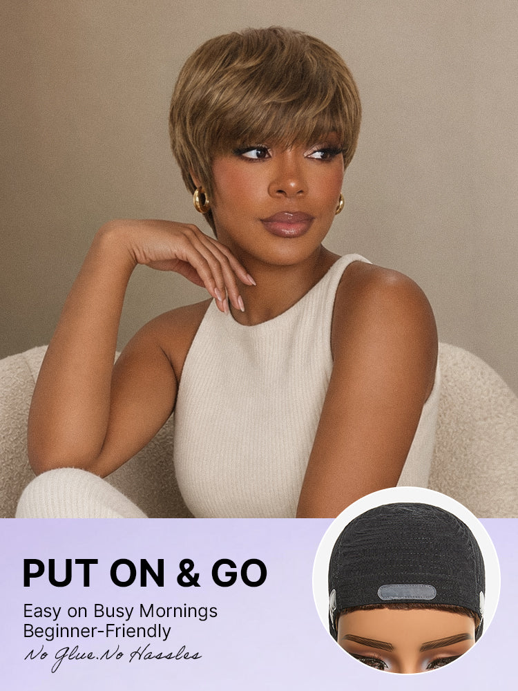 Throw On & Go Light Blonde Short Cut with Bangs Wig Ultra Comfort Skin-Like Soft Care Glueless Wig-02