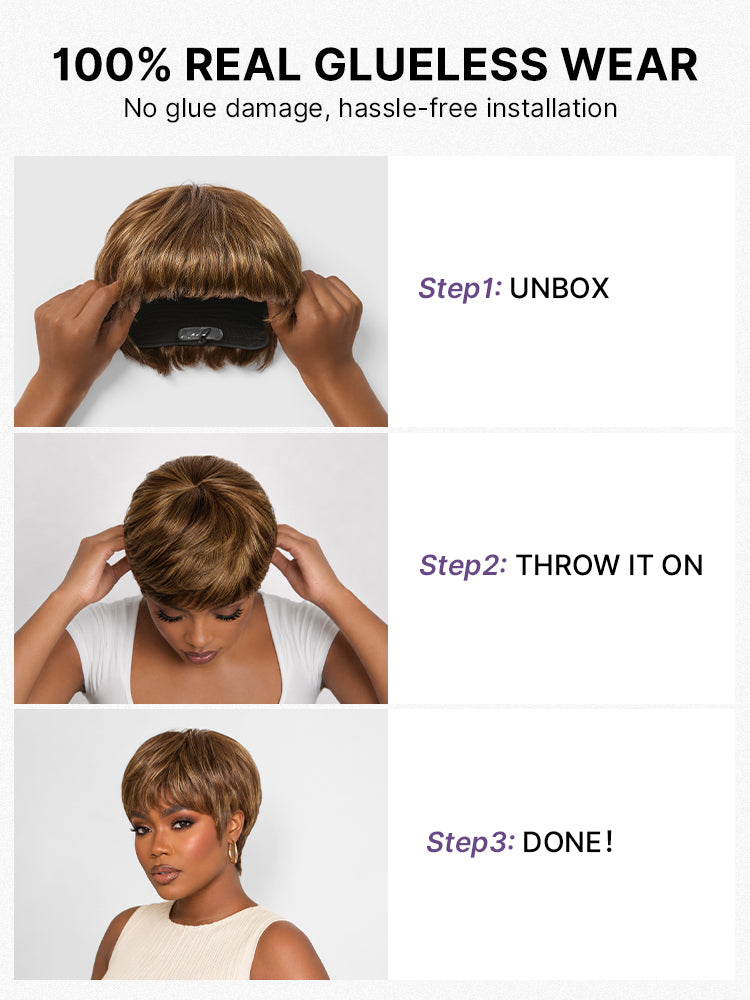 Throw On & Go Light Blonde Short Cut with Bangs Wig Ultra Comfort Skin-Like Soft Care Glueless Wig-10