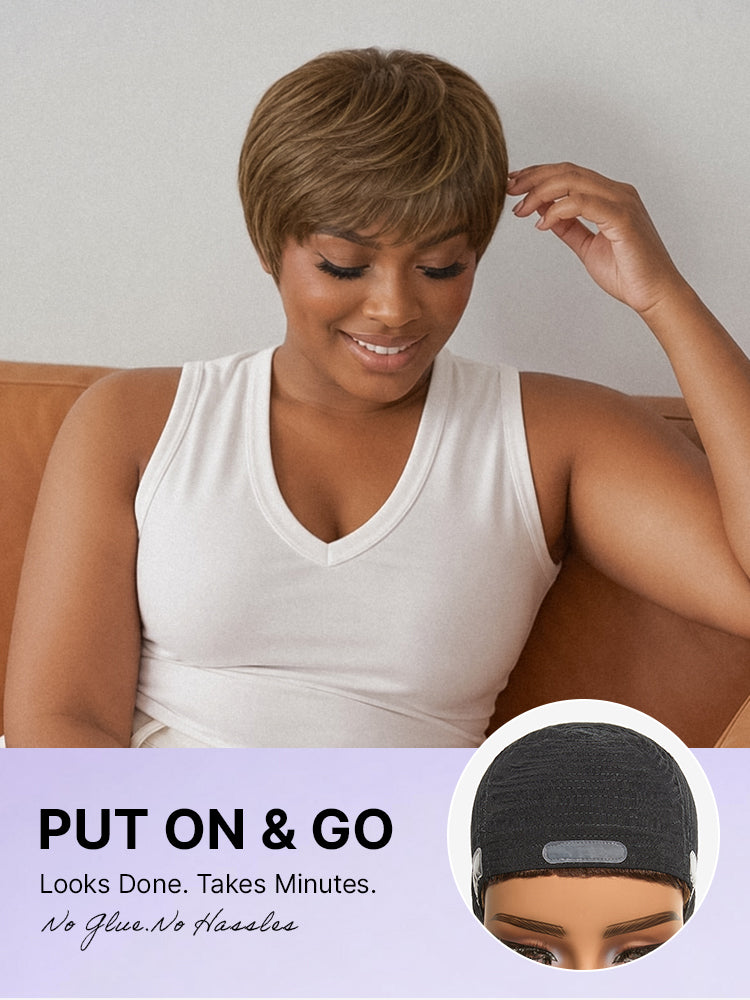Throw On & Go Light Blonde Short Cut with Bangs Wig Ultra Comfort Skin-Like Soft Care Glueless Wig-15