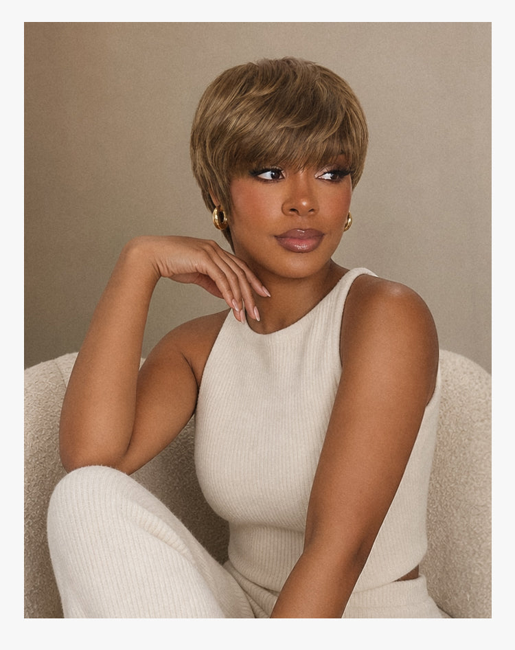 Throw On & Go Light Blonde Short Cut with Bangs Wig Ultra Comfort Skin-Like Soft Care Glueless Wig-18