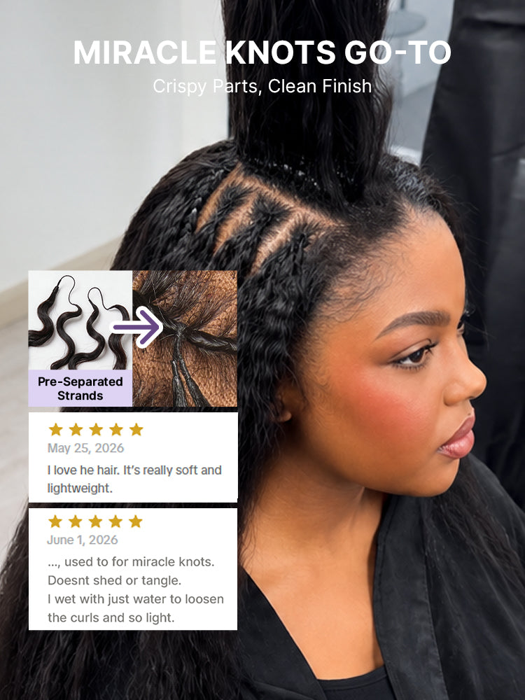 Luvme Hair Miracle Knots crochet hair in kinky straight, lightweight, pre-looped extensions for boho braids and protective styles.