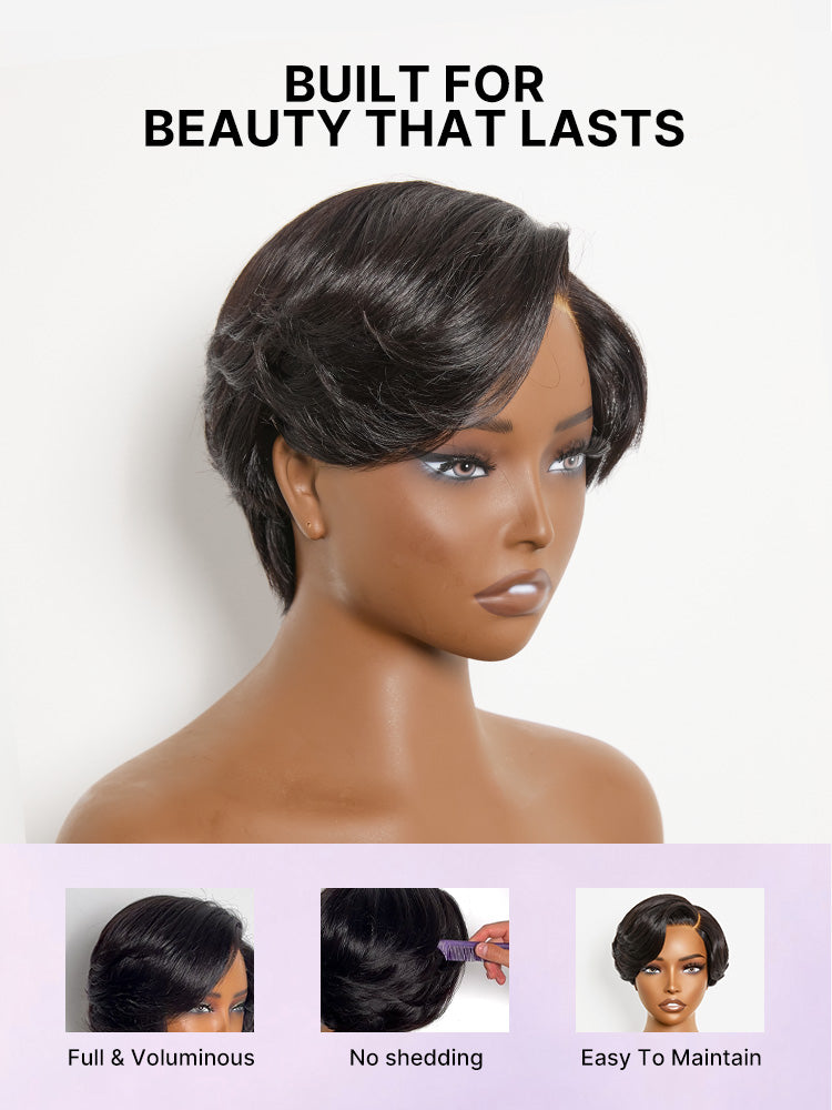 Elegant natural black layered short pixie cut wig by Luvme Hair with pre-cut lace for a minimalist, HD lace finish.