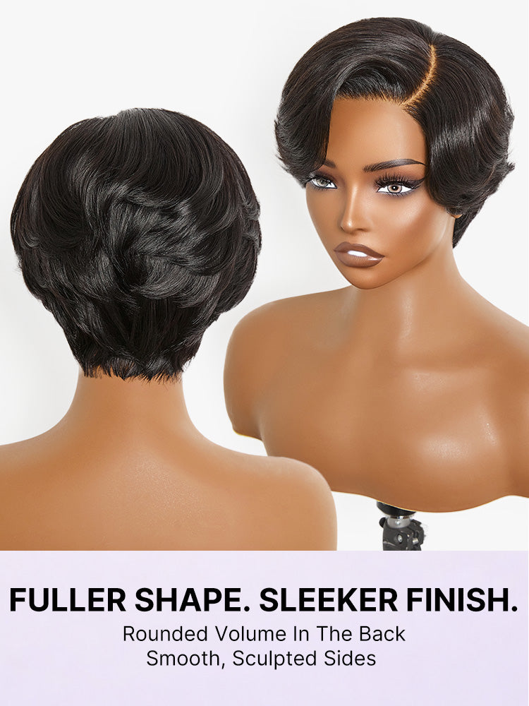 Natural black layered short pixie cut wig by Luvme Hair, featuring minimalist design and pre-cut lace for a seamless fit.