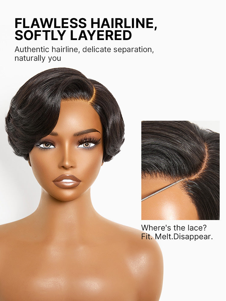 Natural black layered short pixie cut wig by Luvme Hair with minimalist design and pre-cut lace for a seamless fit.