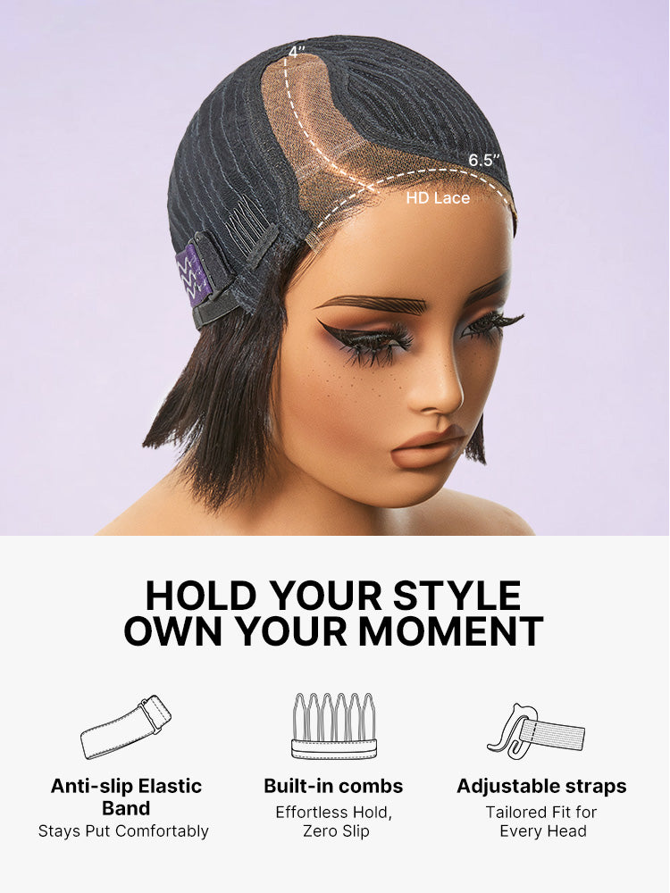 Luvme Hair natural black layered short pixie cut lace wig with pre-cut HD lace, minimalist style, close-up view of the wig on a mannequin head.